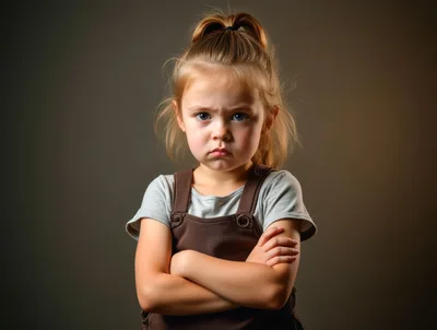 Portrait of a Grumpy Little Girl With Crossed Arms