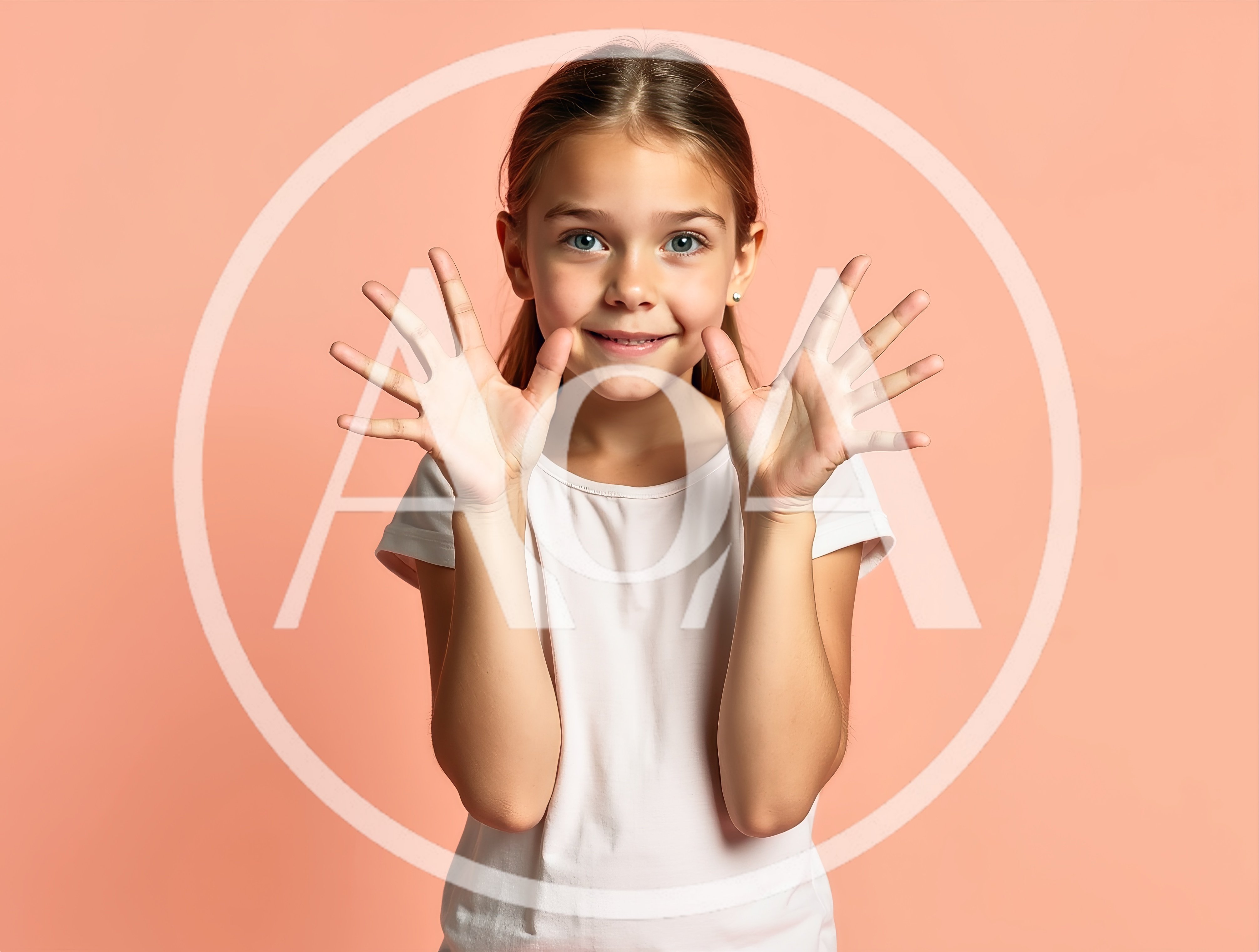 Young Girl Showing Ten Fingers Against Peach Background