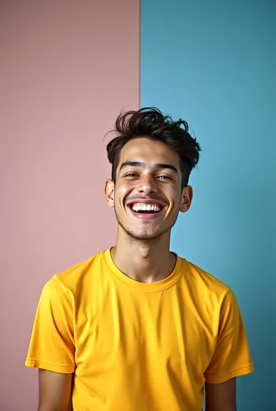 Young Man Smiling Against Split Pink And Blue Background