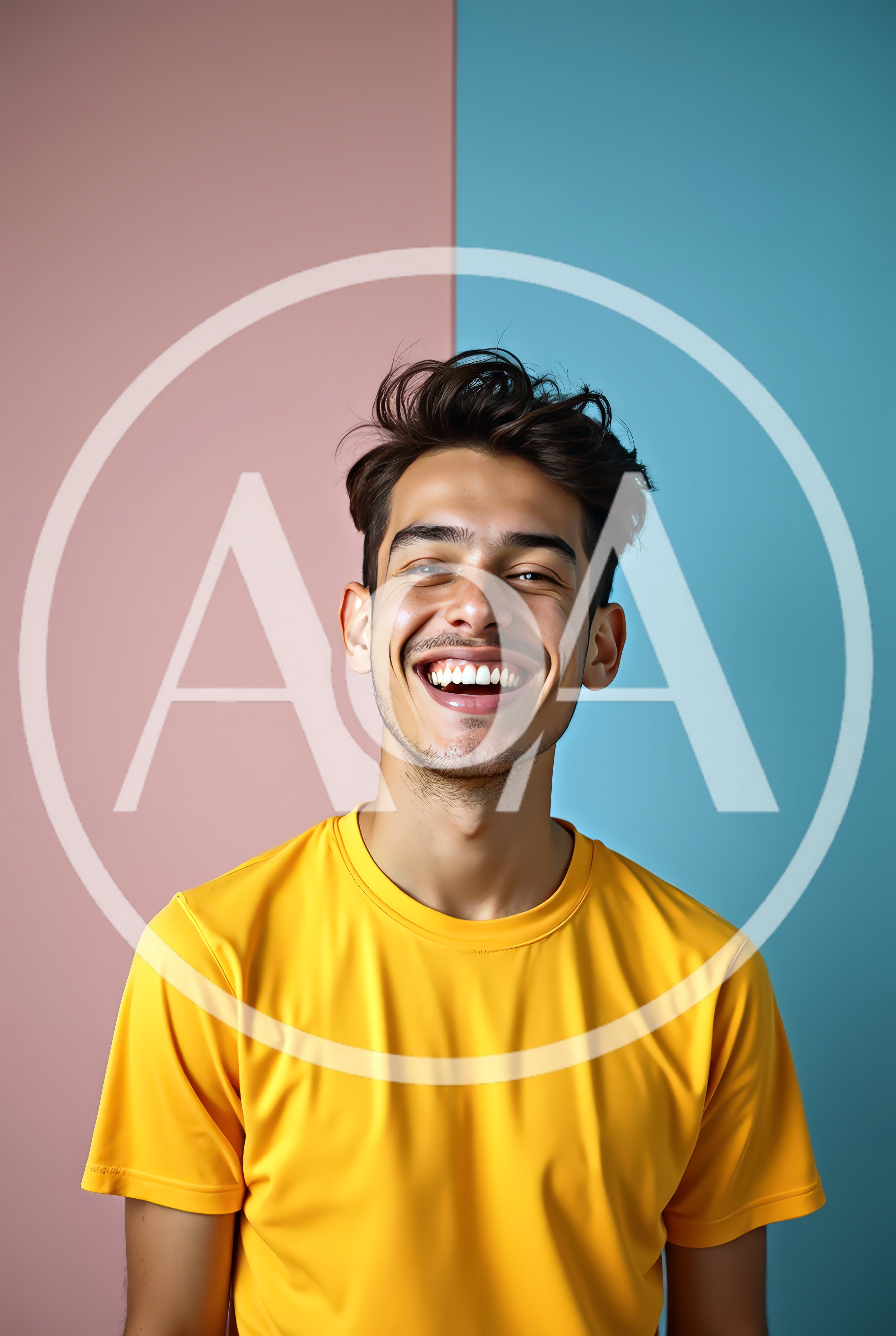 Young Man Smiling Against Split Pink And Blue Background