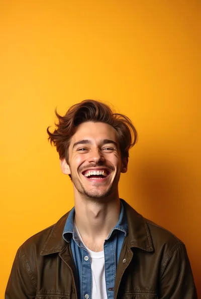 Young Man Laughing Against A Vibrant Yellow Background