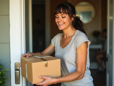 Happy Woman Receiving A Cardboard Package At Her Door