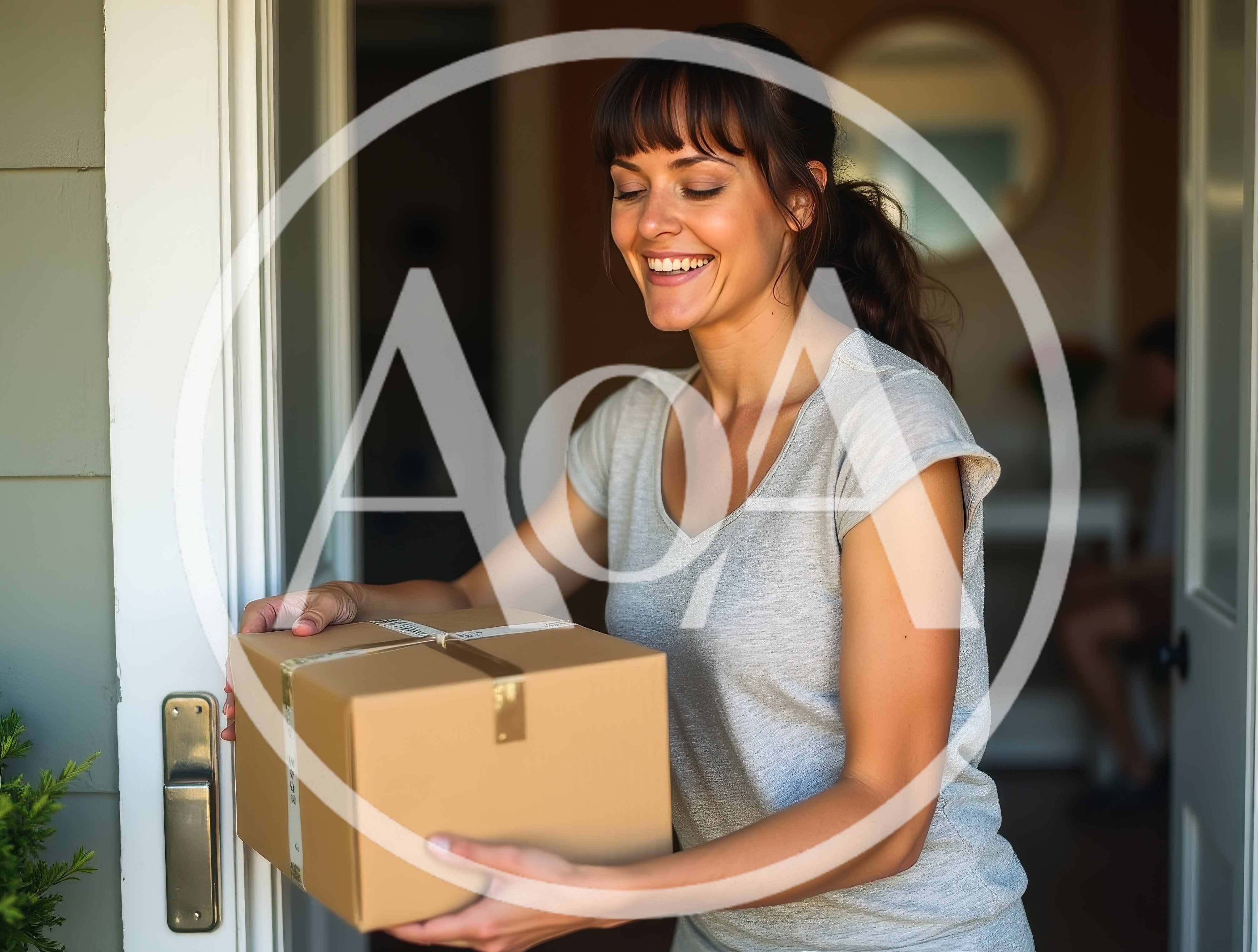 Happy Woman Receiving A Cardboard Package At Her Door