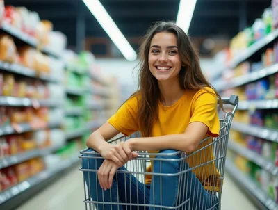 Young Woman Sitting In A Shopping Cart