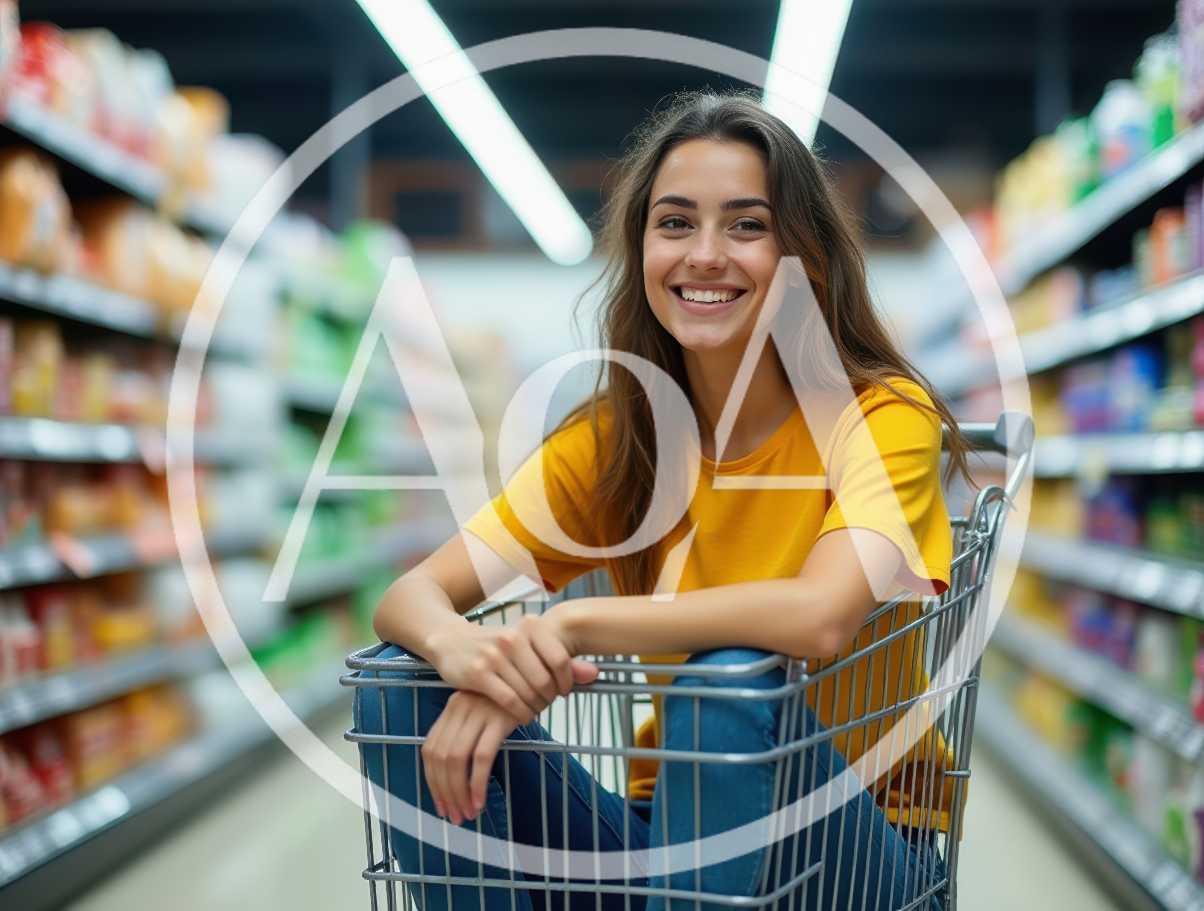 Young Woman Sitting In A Shopping Cart