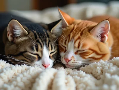 Two Cats Sleeping Together On A Soft Blanket