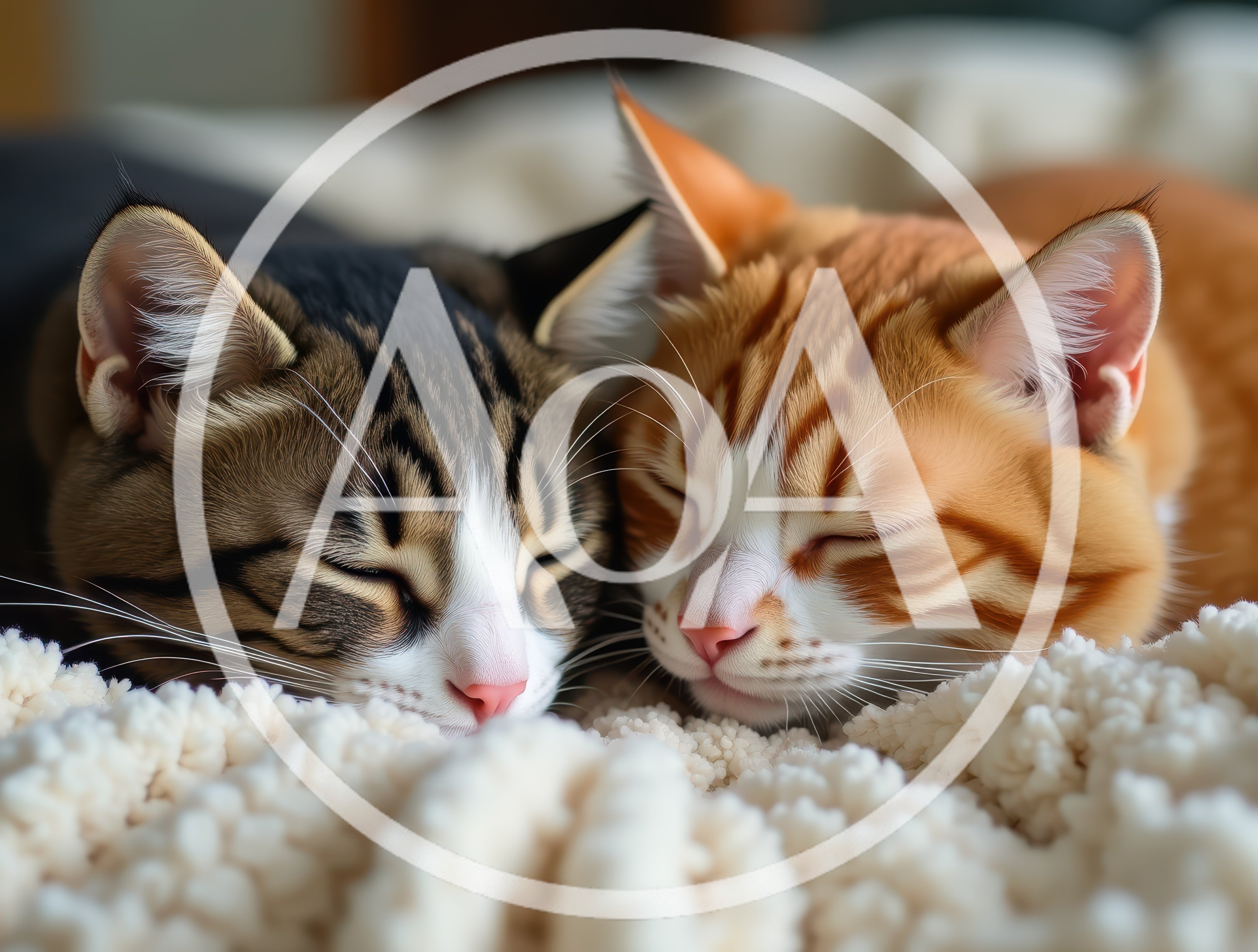 Two Cats Sleeping Together On A Soft Blanket