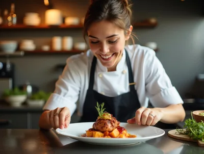 Professional Chef Plating Gourmet Dish In Restaurant Kitchen