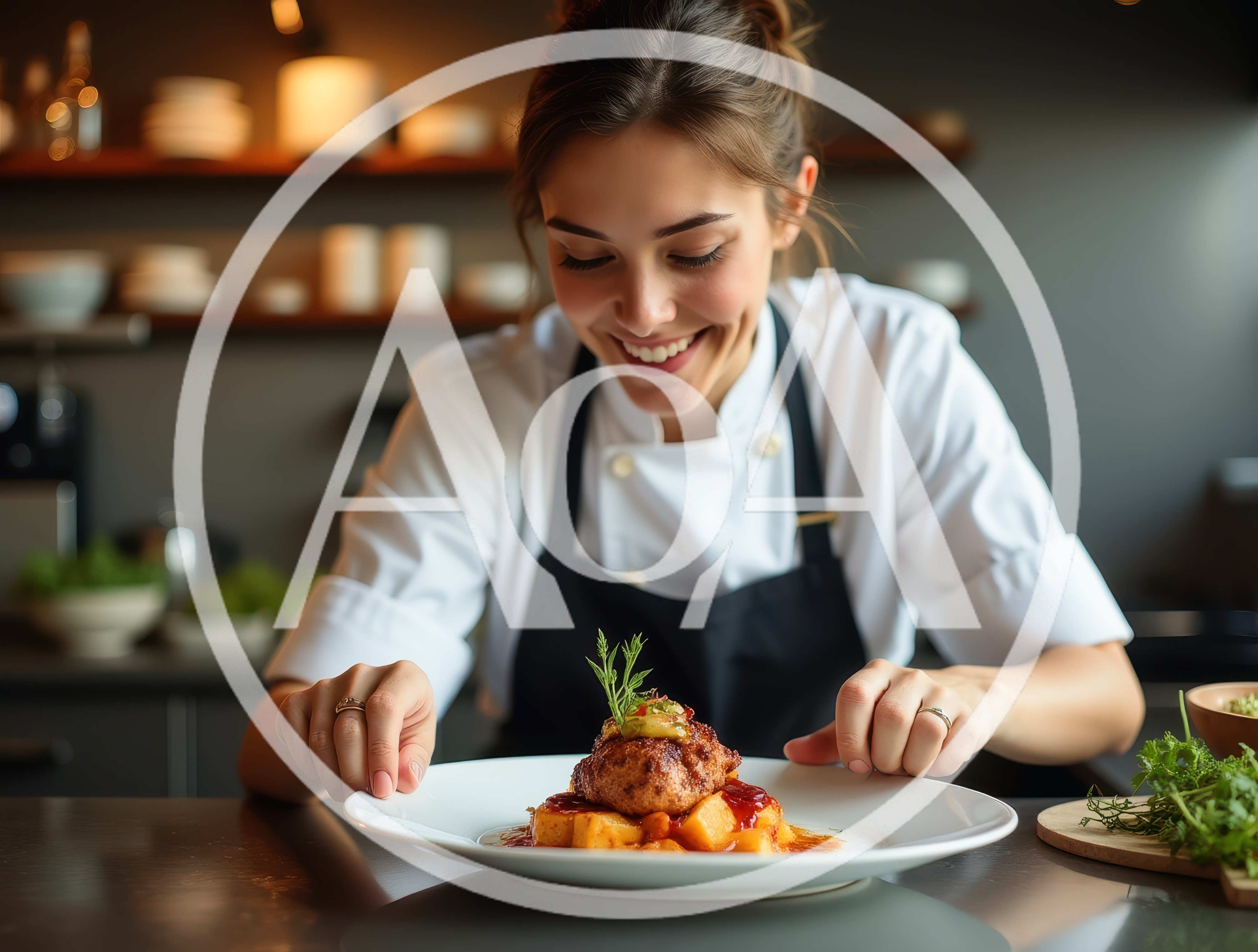 Professional Chef Plating Gourmet Dish In Restaurant Kitchen