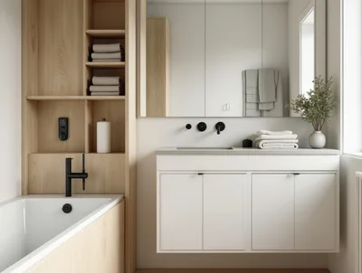 Modern Minimalist Bathroom Interior With Wooden Shelving And Vanity