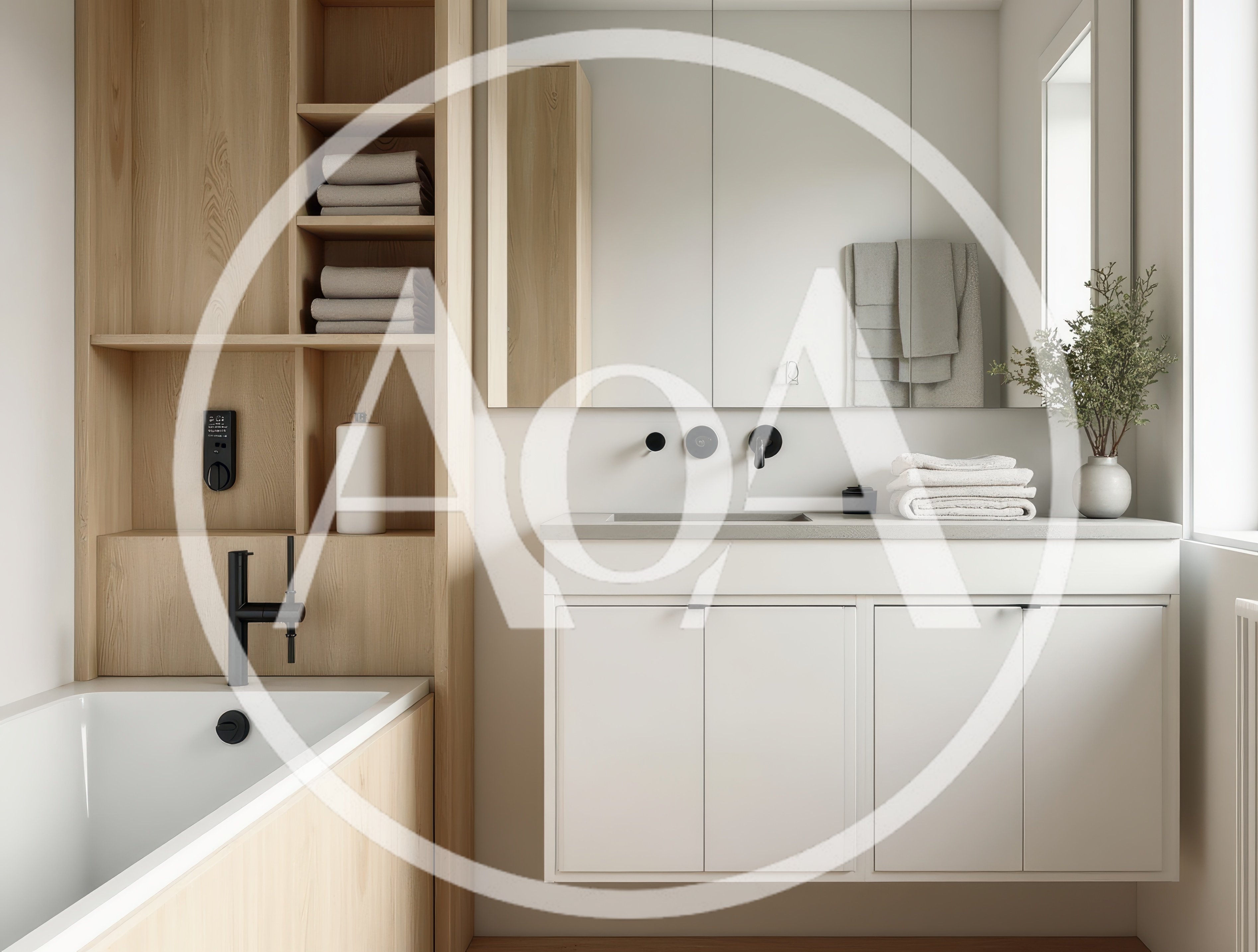 Modern Minimalist Bathroom Interior With Wooden Shelving And Vanity