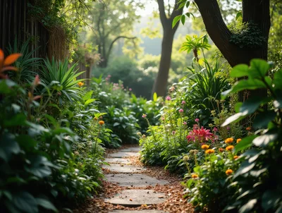 Stone Pathway Through A Lush Sunlit Garden