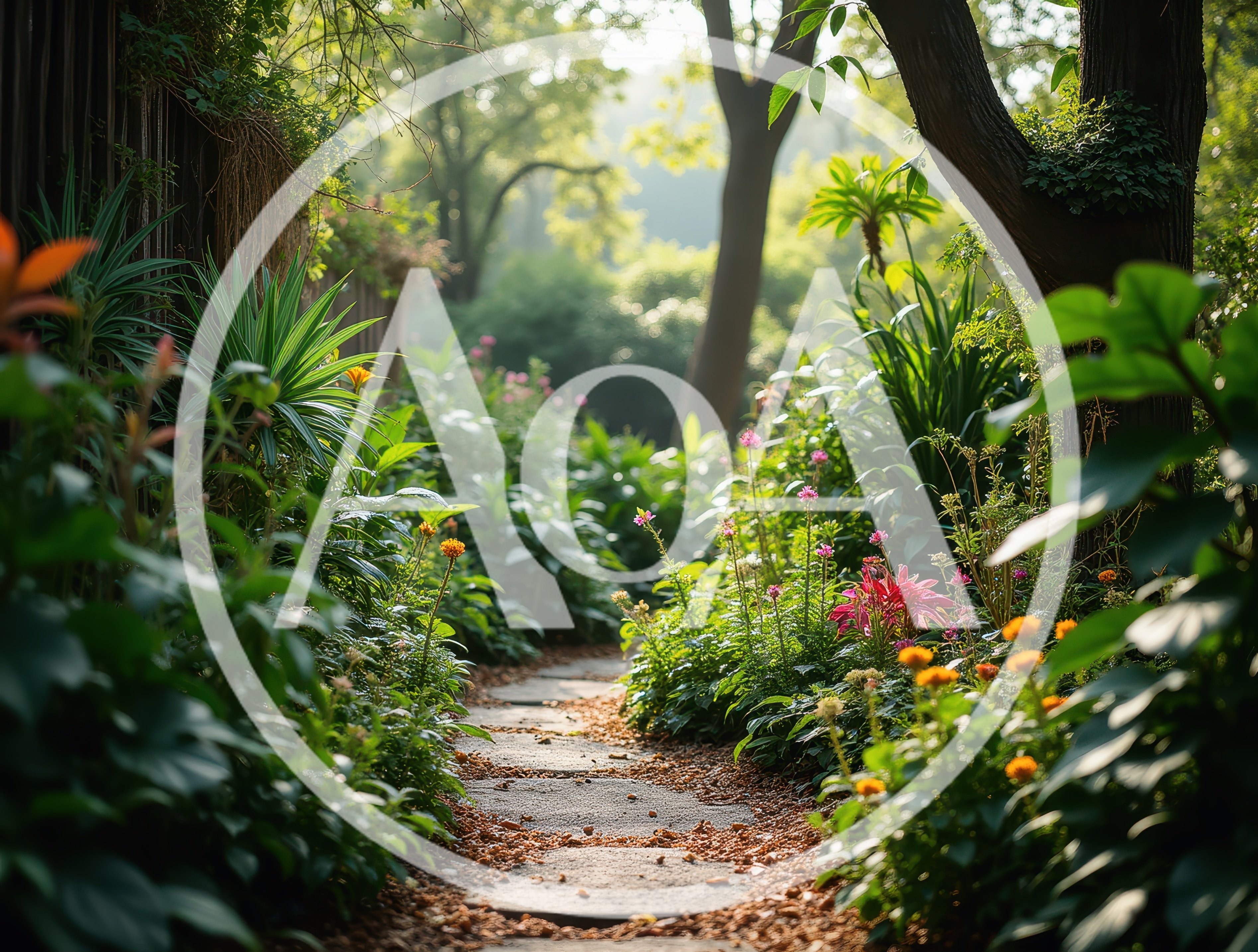 Stone Pathway Through A Lush Sunlit Garden