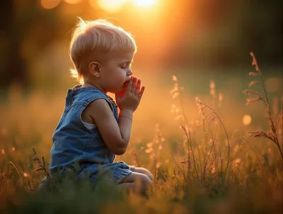 Toddler Praying in a Golden Hour Meadow