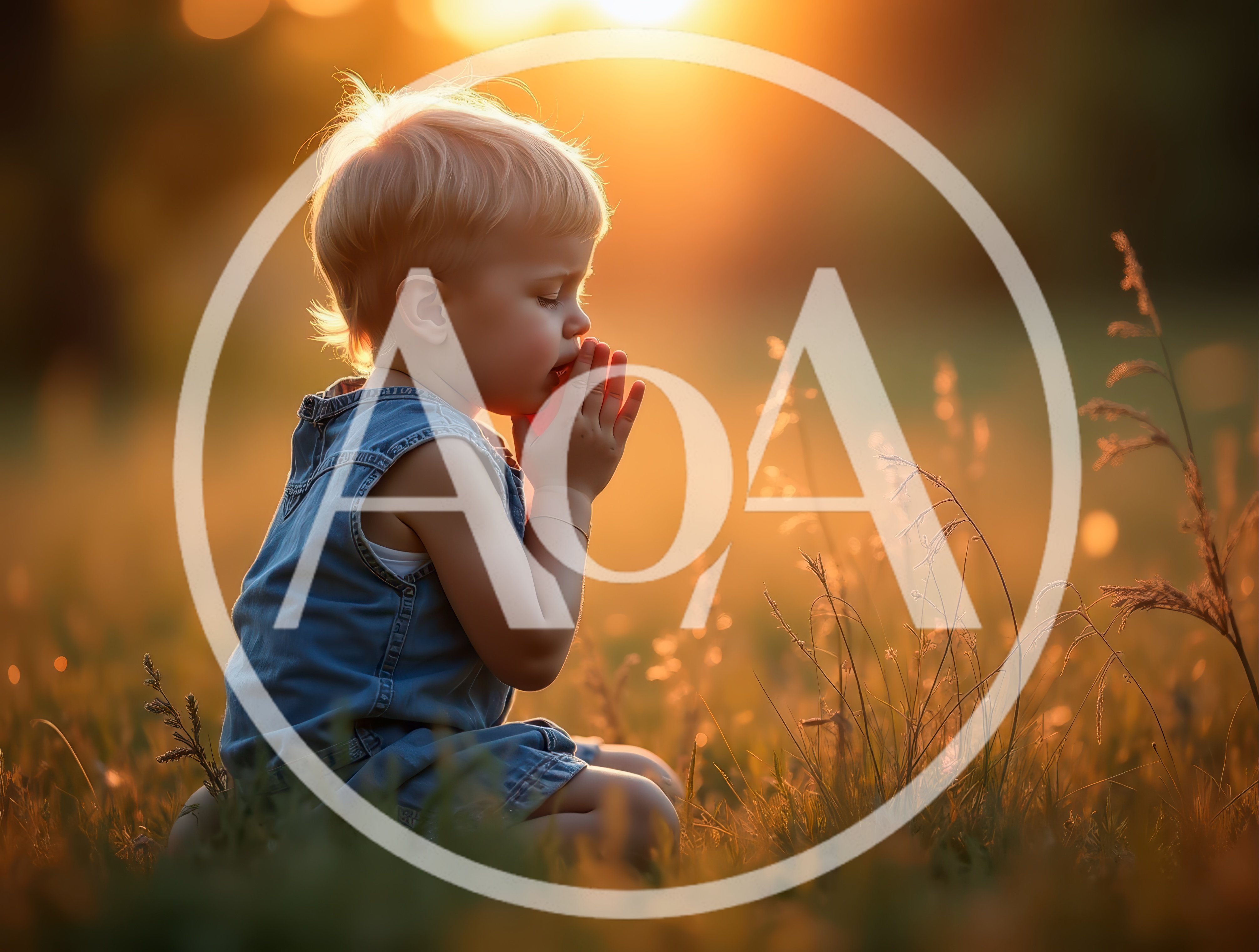 Toddler Praying in a Golden Hour Meadow