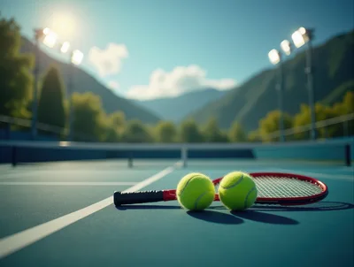 Tennis Racket and Balls on Outdoor Court