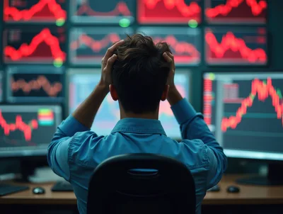 Stressed Trader Looking At Multiple Stock Market Monitors