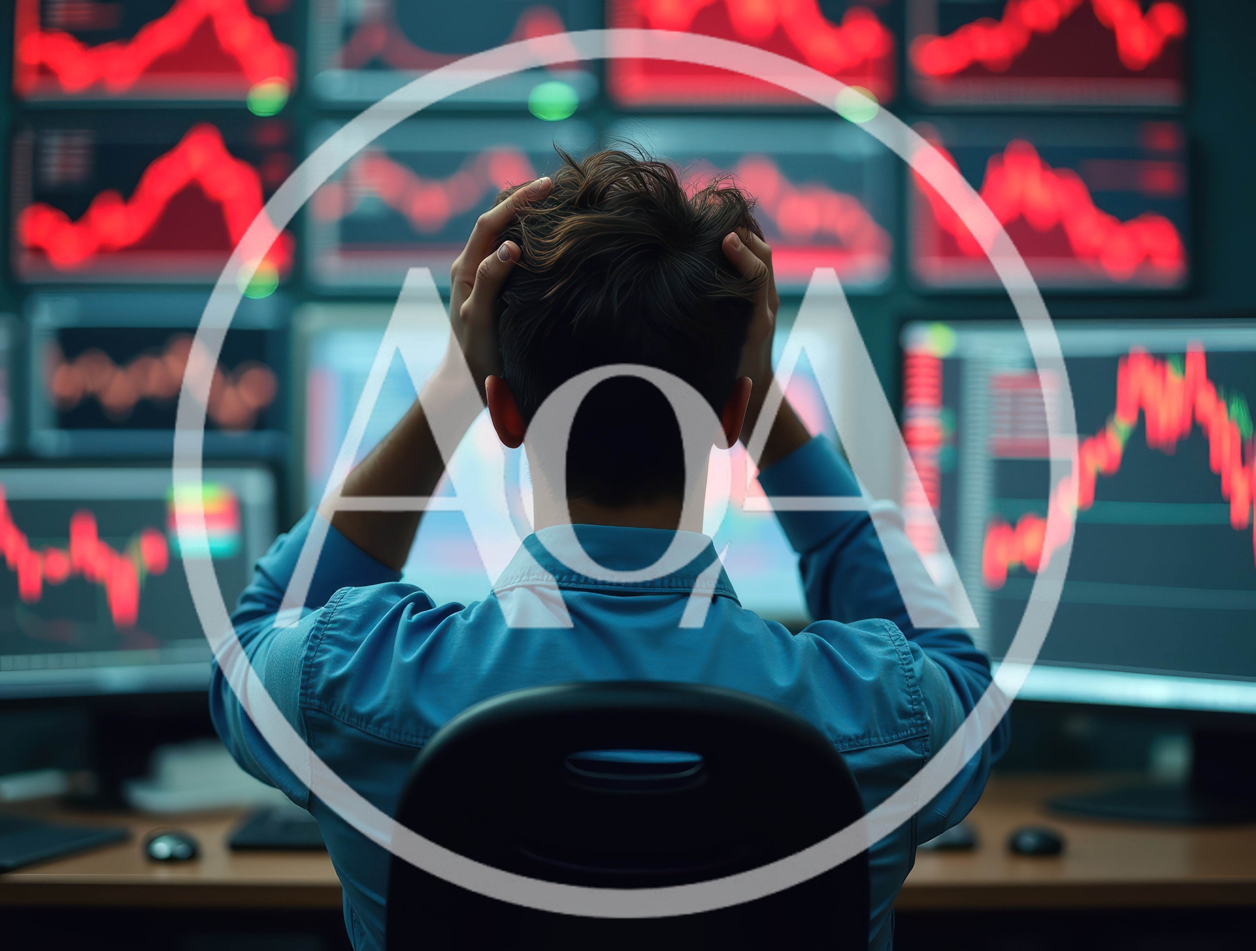 Stressed Trader Looking At Multiple Stock Market Monitors