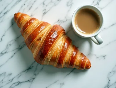 Fresh Croissant And Coffee On Marble Surface