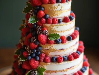 Tiered Wedding Cake Decorated With Fresh Berries And Gold