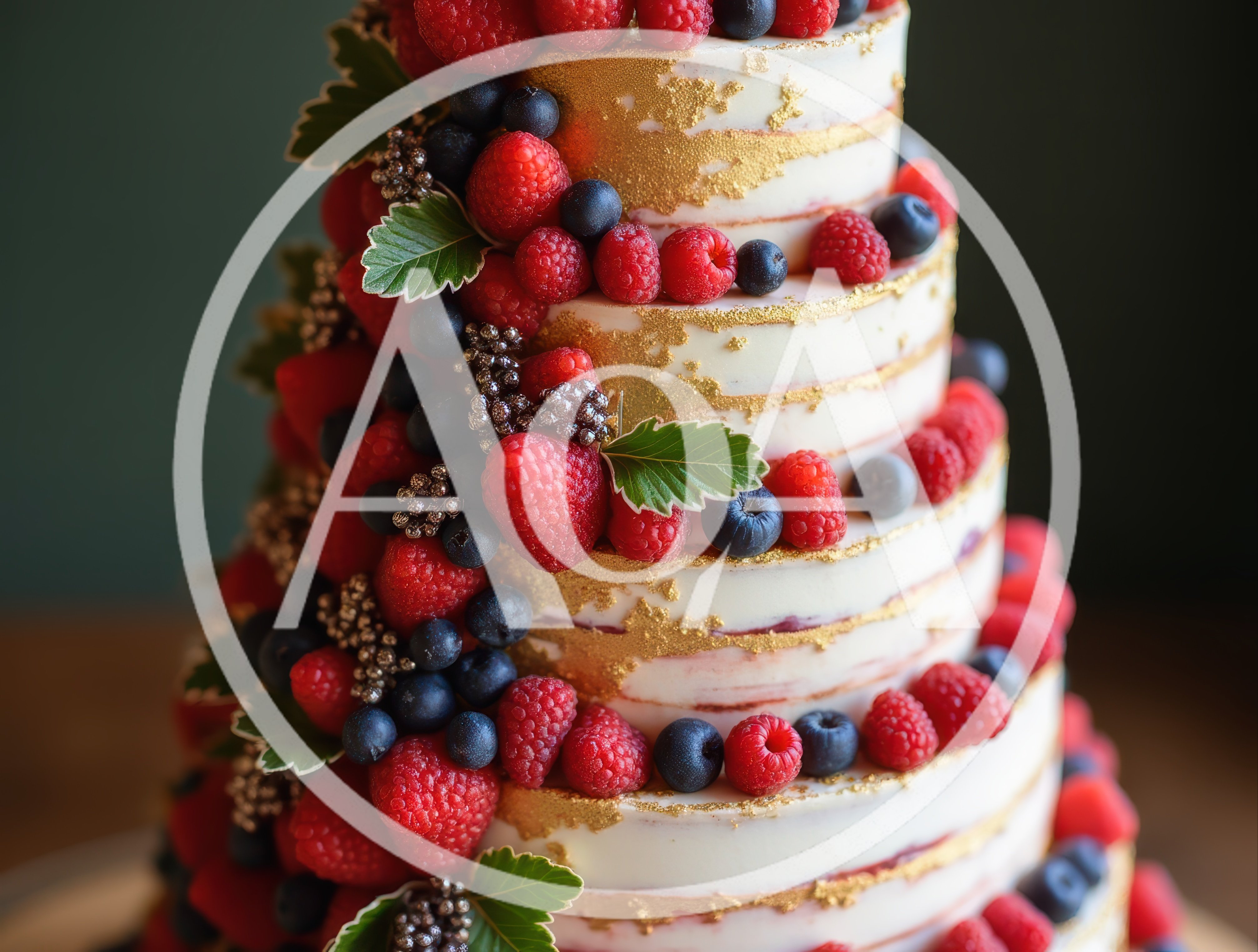 Tiered Wedding Cake Decorated With Fresh Berries And Gold