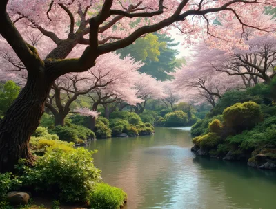 Serene Japanese Garden With Blooming Cherry Blossom Trees