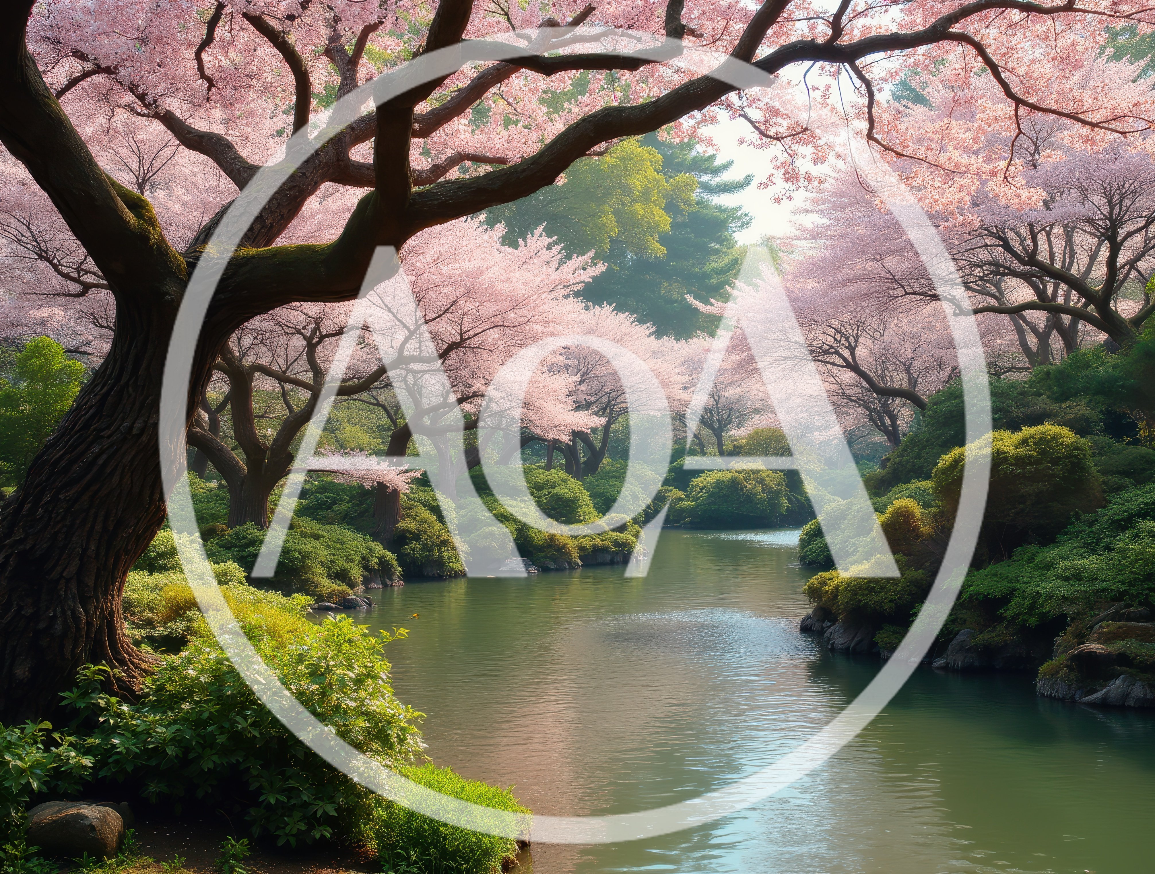 Serene Japanese Garden With Blooming Cherry Blossom Trees
