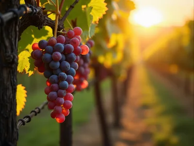 Cluster Of Ripe Red Grapes In A Vineyard