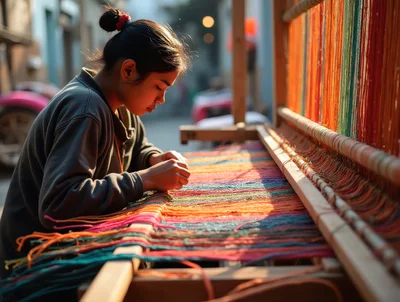Young Woman Weaving Colorful Fabric On Traditional Loom