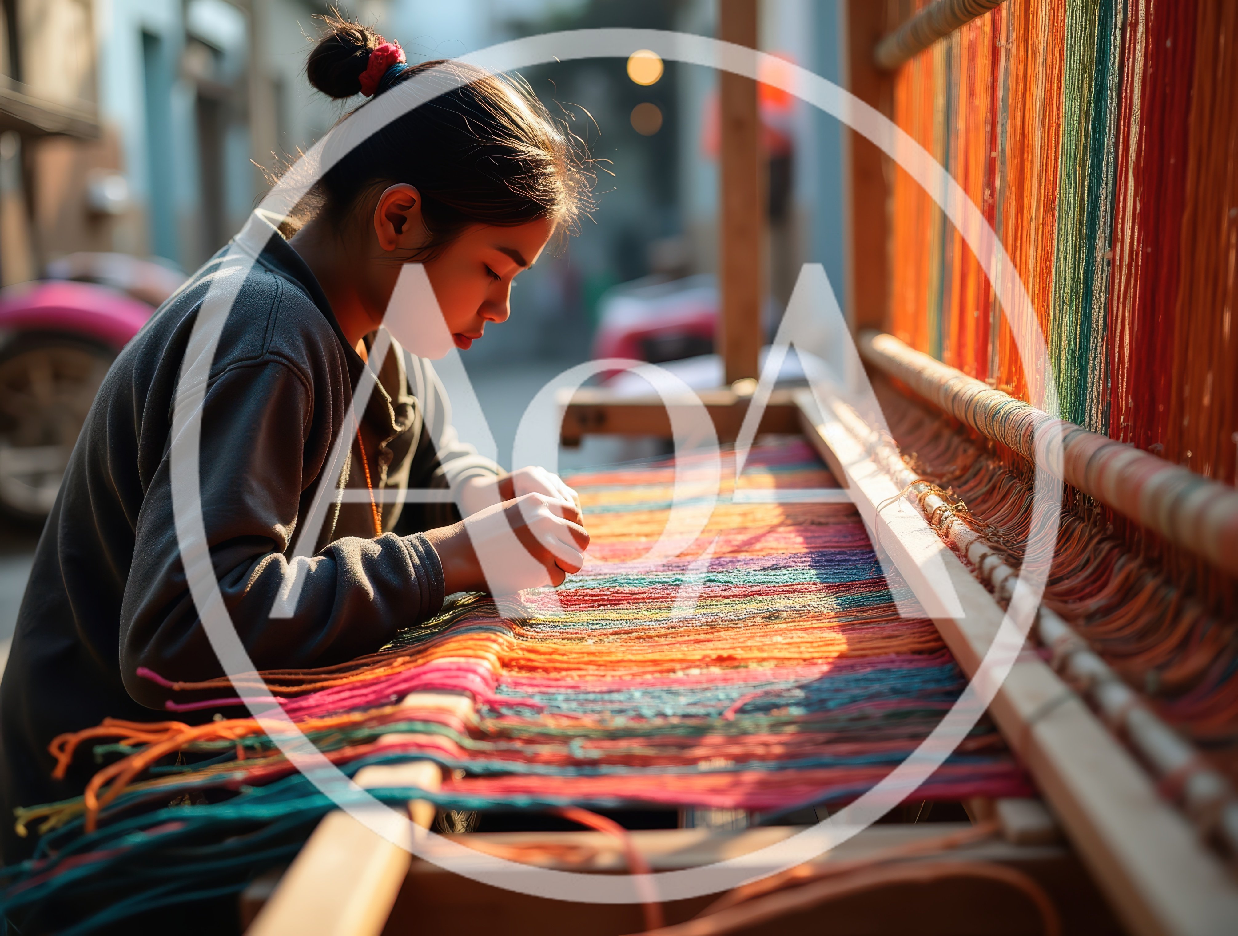 Young Woman Weaving Colorful Fabric On Traditional Loom