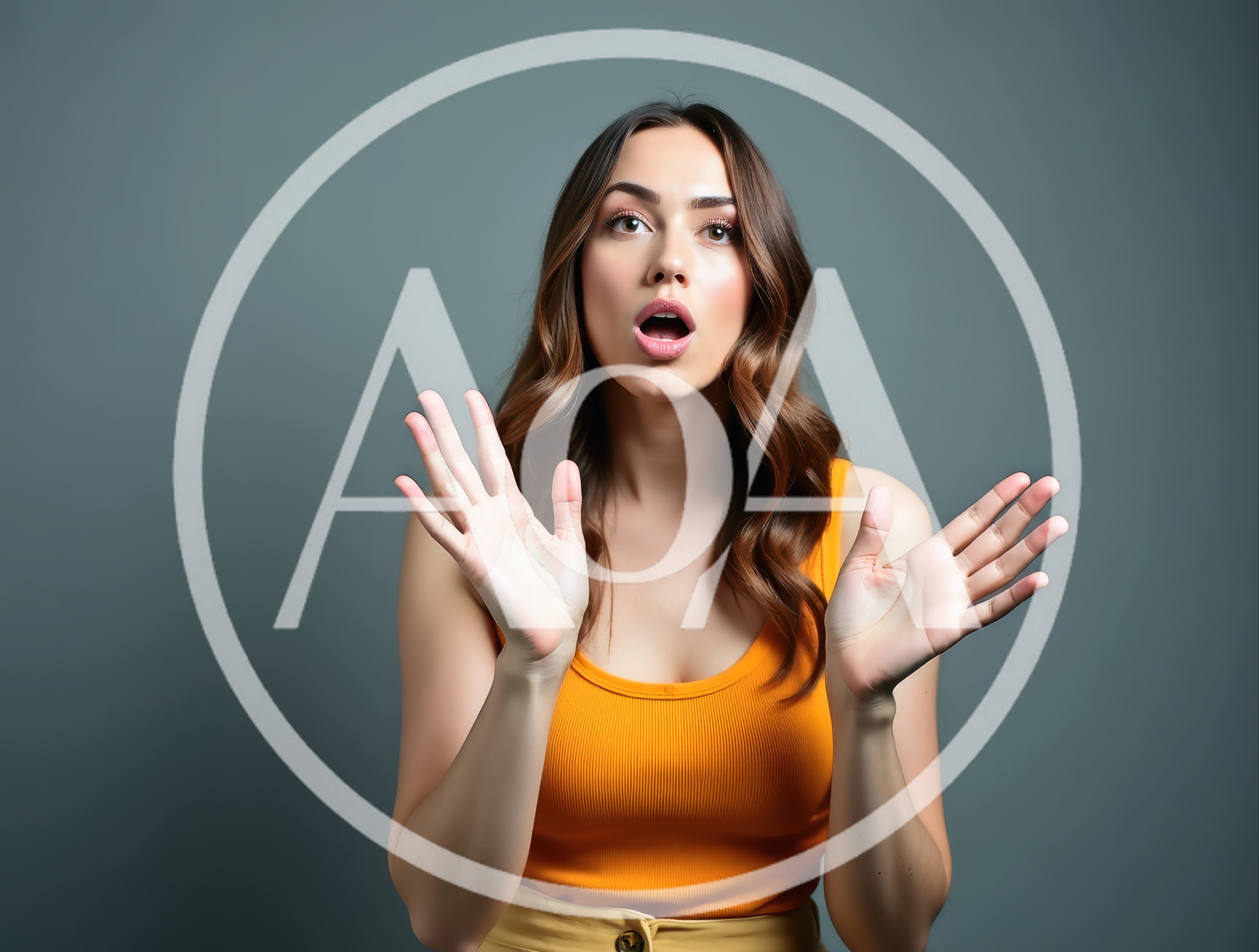 Surprised Young Woman With Open Mouth And Raised Hands