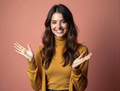 Smiling Woman Gesturing With Open Hands