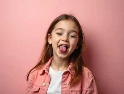 Cheerful girl sticking out her tongue on pink background