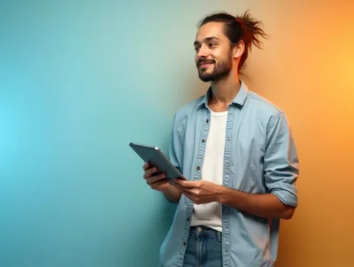 Young Man Holding Tablet Against Colorful Background