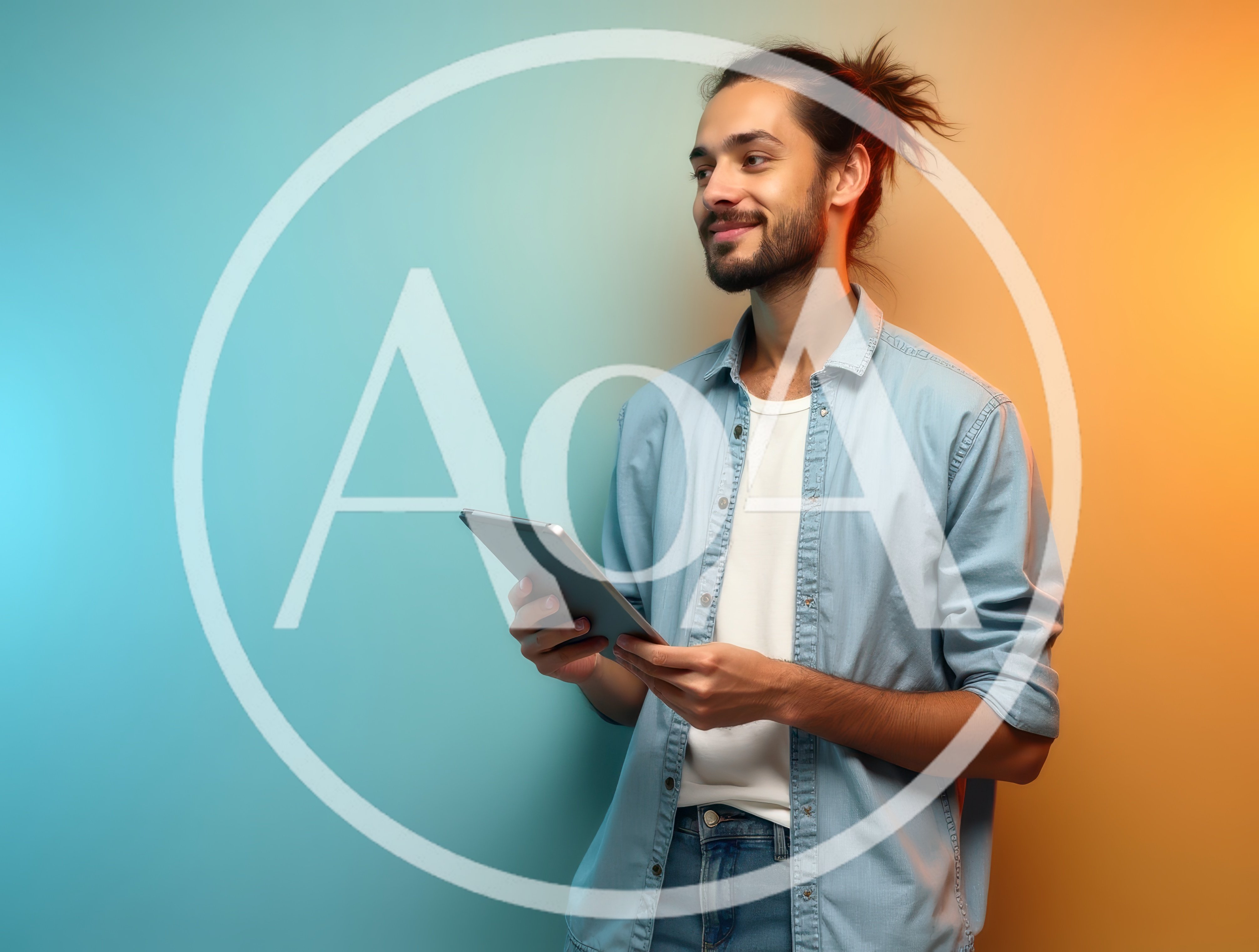 Young Man Holding Tablet Against Colorful Background