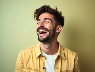 Young Man Laughing Joyfully Against A Pastel Background