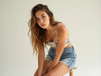 Young Woman Posing On A Stool In Studio