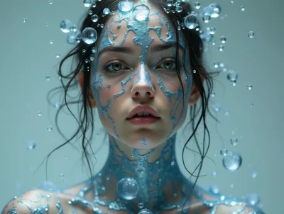 Portrait of Woman Covered in Liquid Blue Metallic Paint