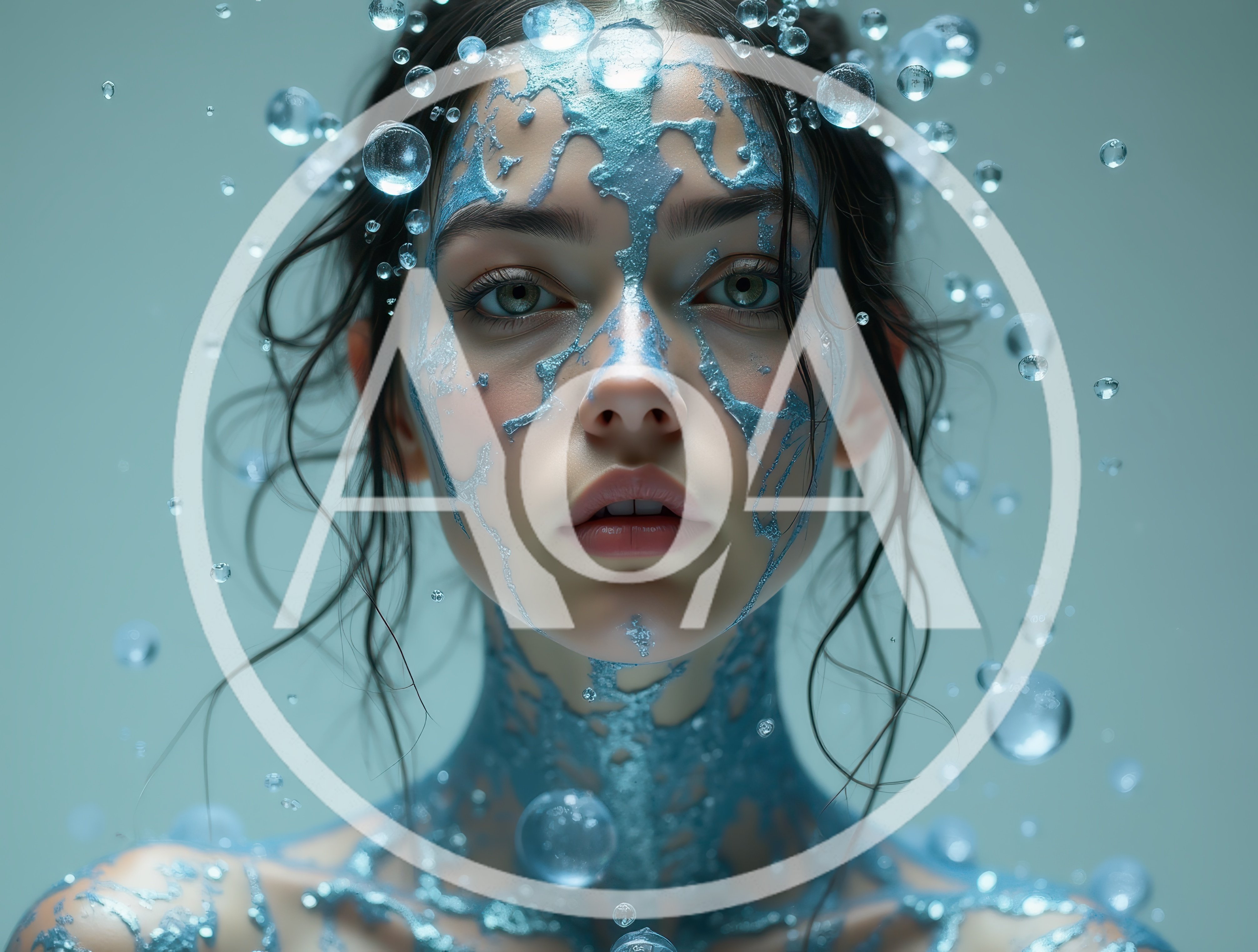 Portrait of Woman Covered in Liquid Blue Metallic Paint