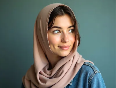 Young Woman Wearing A Beige Hijab And Denim Jacket