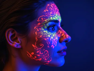 Woman With Neon Fluorescent Floral Face Paint