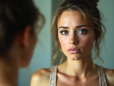 Young Woman Looking At Her Reflection In A Mirror