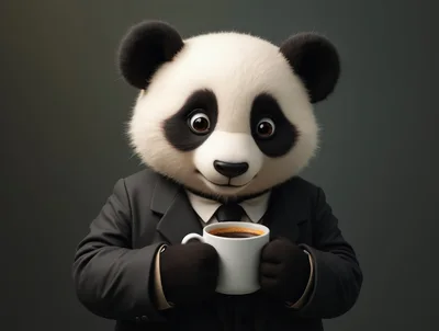 Professional Panda Wearing A Suit Holding A Coffee Cup