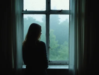 Young Woman Looking Out A Rainy Window