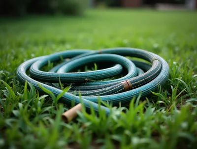 Coiled Green Garden Hose Resting On Lush Grass