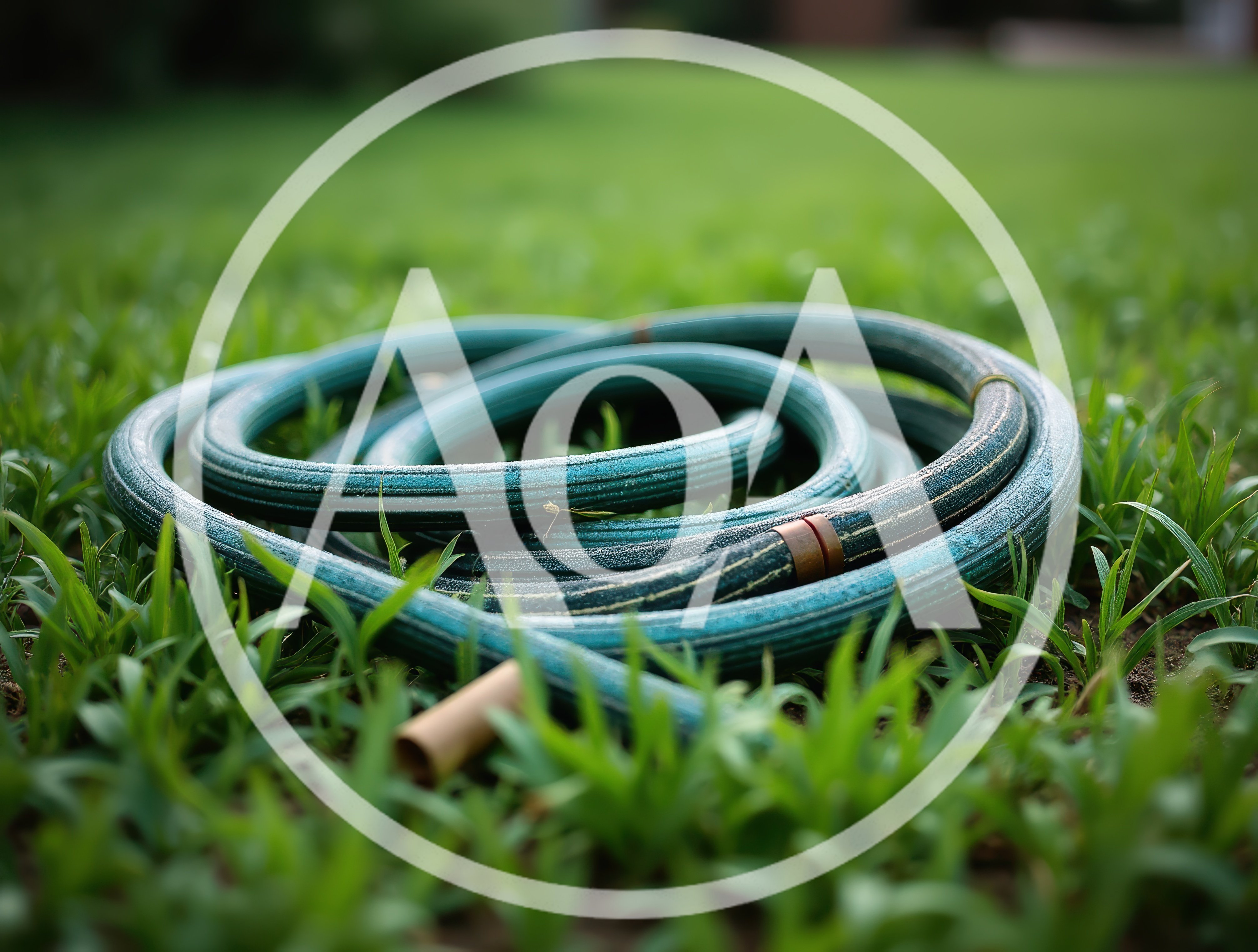 Coiled Green Garden Hose Resting On Lush Grass