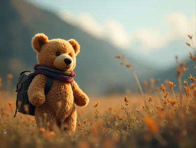 Teddy Bear With Backpack Standing In A Meadow