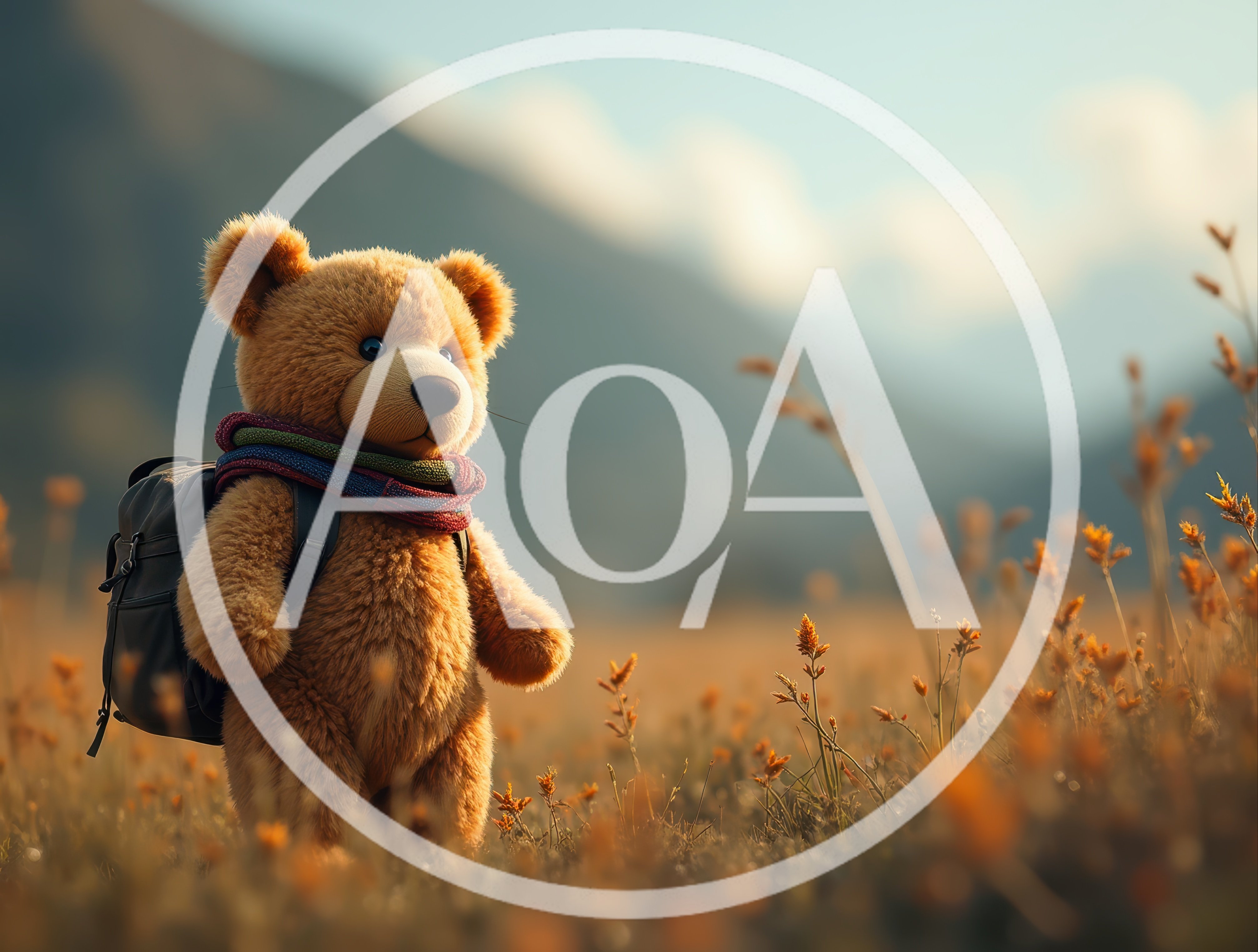 Teddy Bear With Backpack Standing In A Meadow