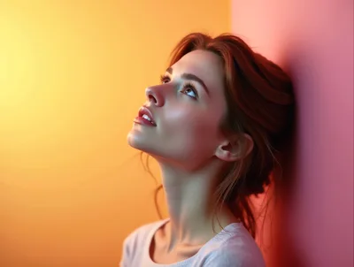Young Woman Looking Up Against A Colorful Wall