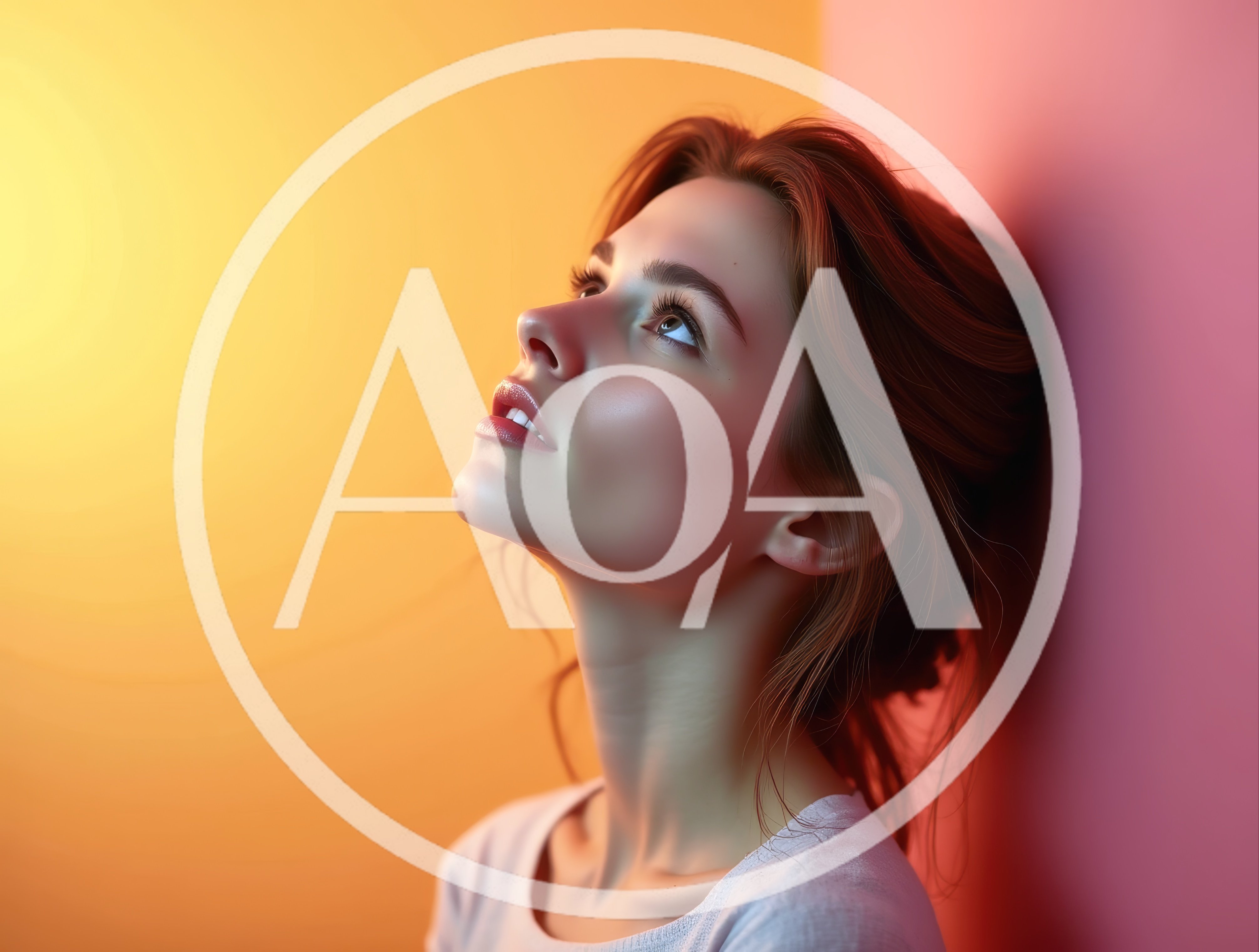 Young Woman Looking Up Against A Colorful Wall